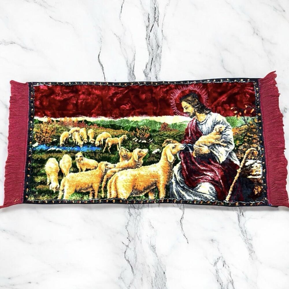 VTG 1970s Jesus The Good Shepherd Christian Tapestry Rug Wall Hanging 43”x 20”